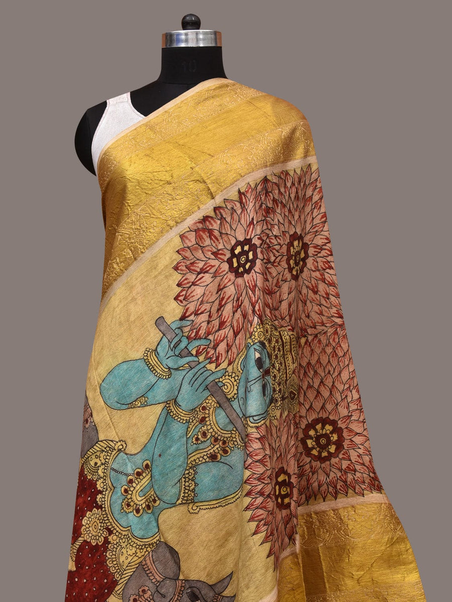Yellow Kalamkari Hand Painted Kanchipuram Silk Handloom Dupatta with K