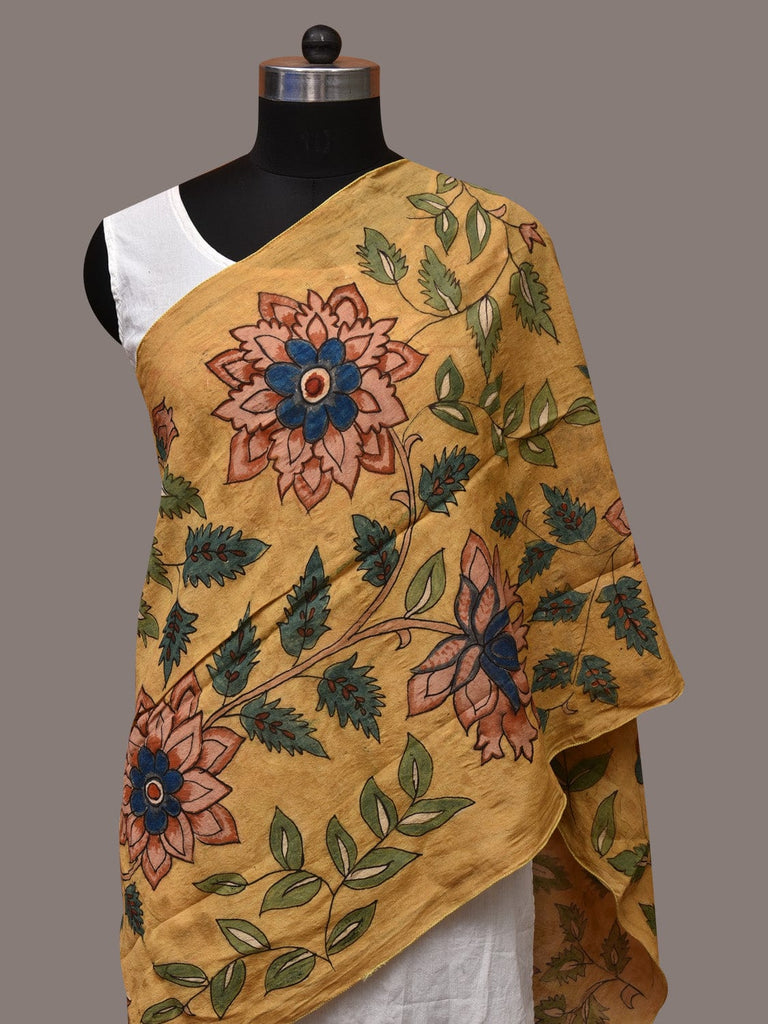 Yellow Kalamkari Hand Painted Sico Stole with Floral Design ds3551