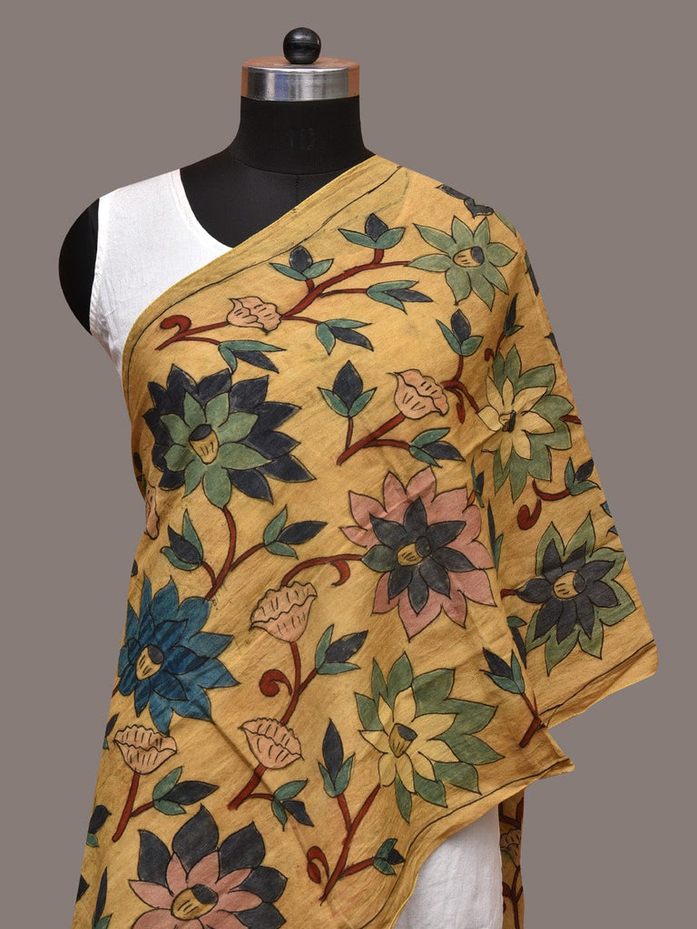Yellow Kalamkari Hand Painted Sico Stole with Floral Design ds3565