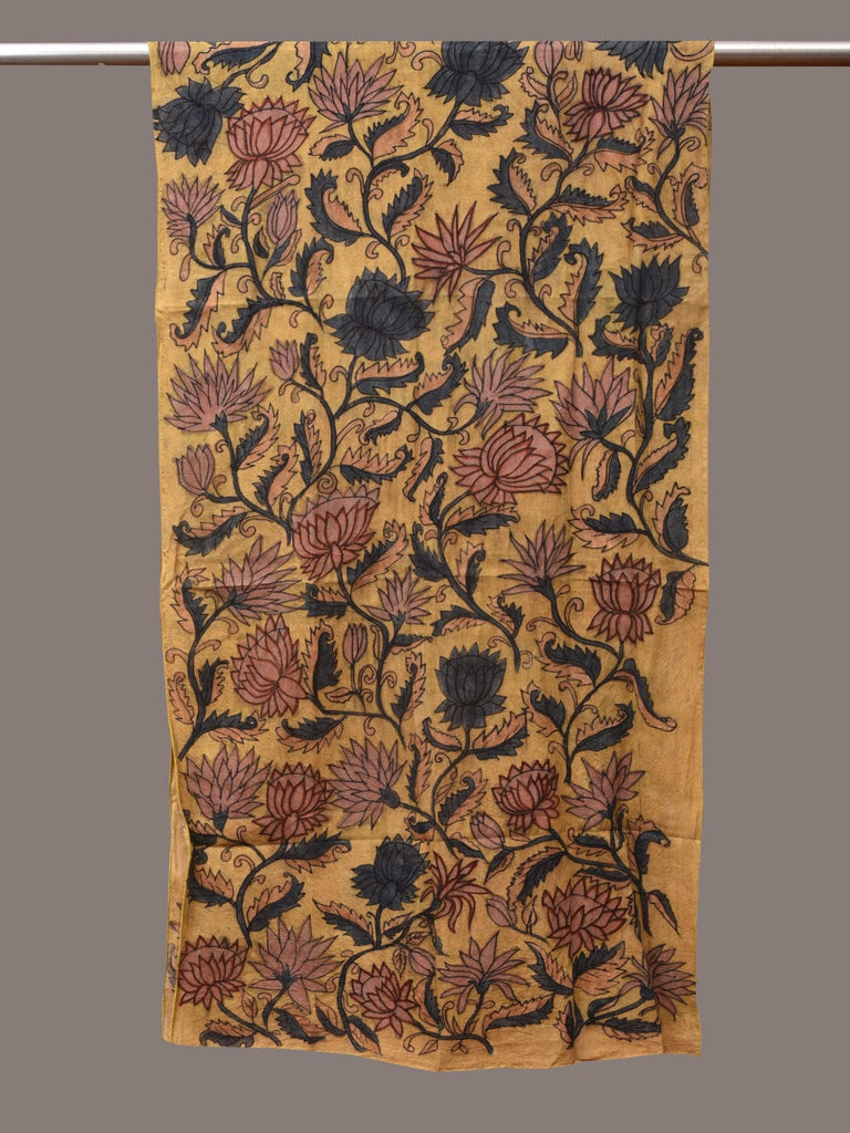 Yellow Kalamkari Hand Painted Sico Stole with Lotus Flowers Design ds3436