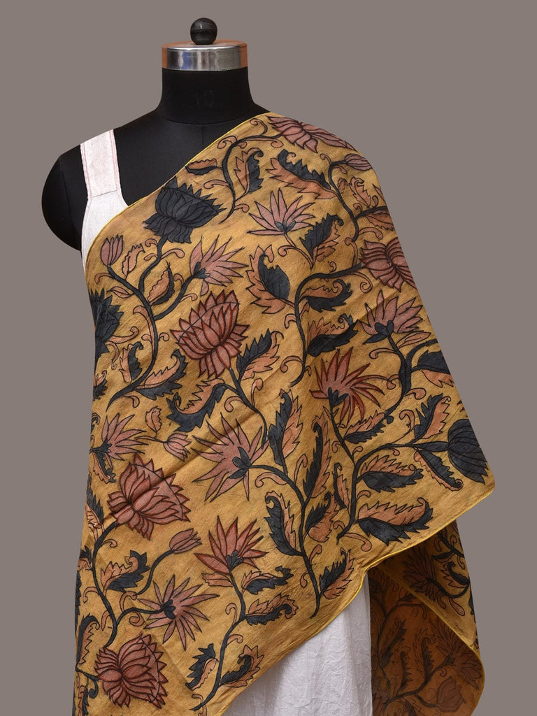 Yellow Kalamkari Hand Painted Sico Stole with Lotus Flowers Design ds3436