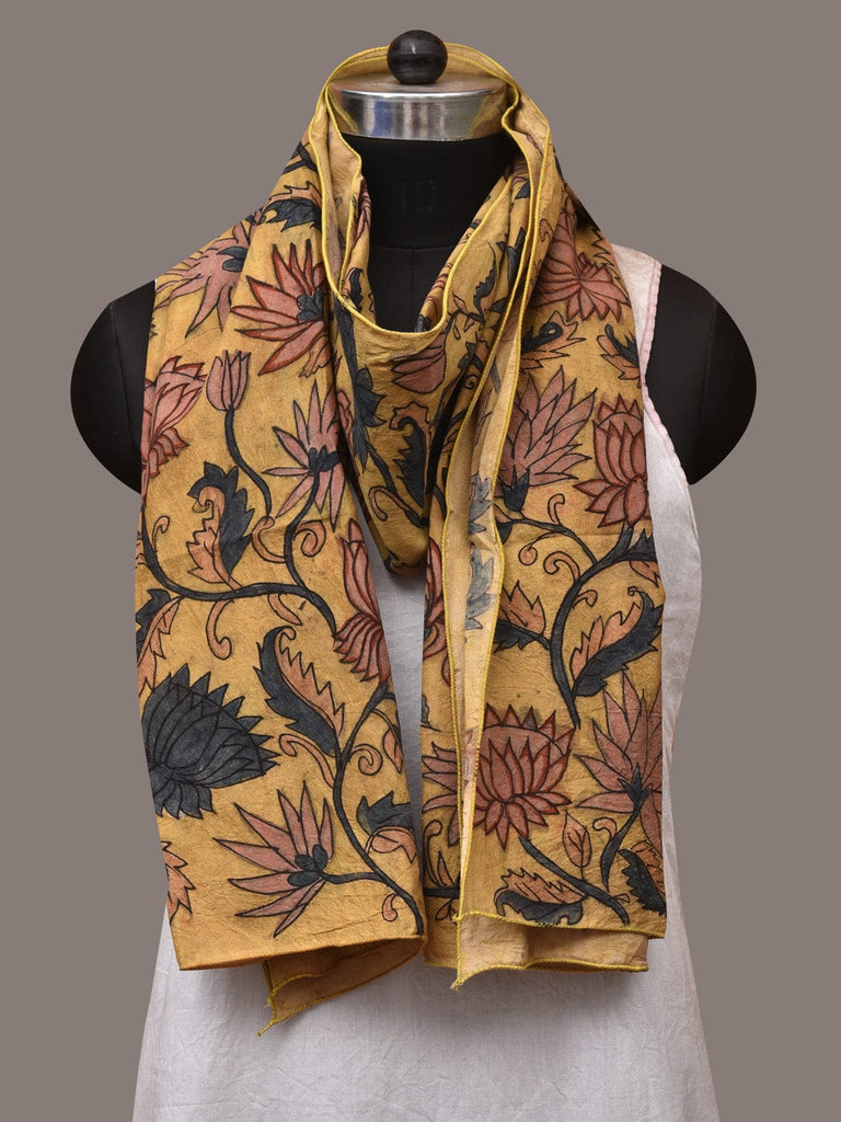 Yellow Kalamkari Hand Painted Sico Stole with Lotus Flowers Design ds3436