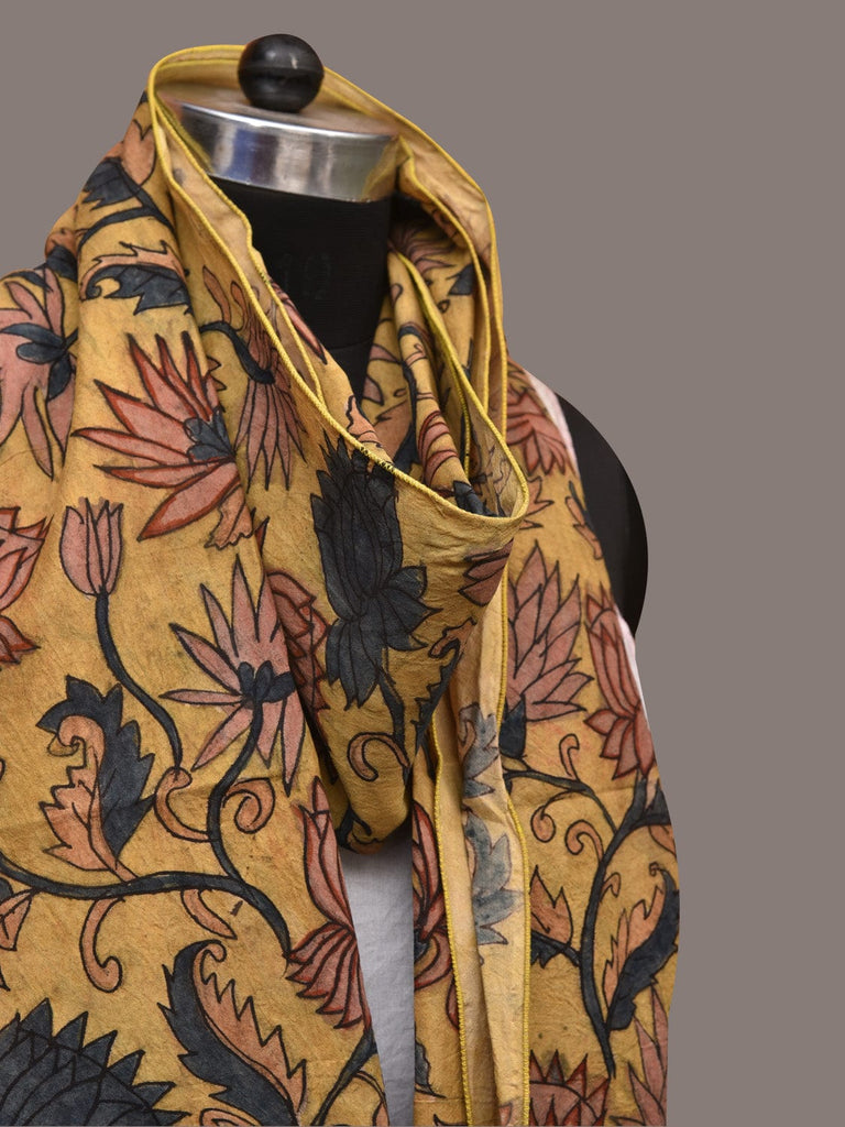 Yellow Kalamkari Hand Painted Sico Stole with Lotus Flowers Design ds3436