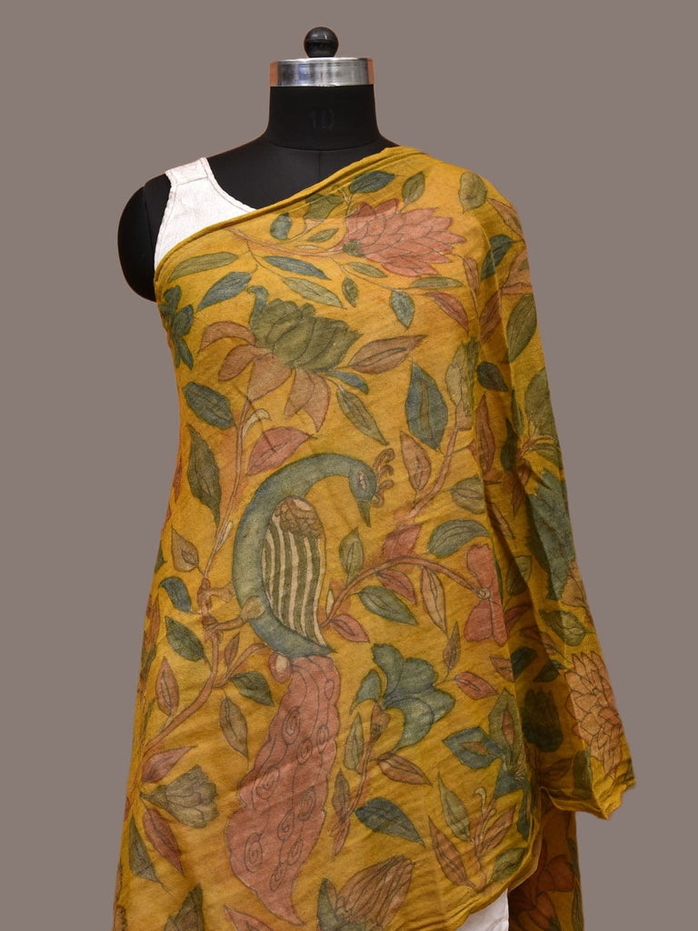 Yellow Kalamkari Hand Painted Woolen Stole with Floral and Peacocks Design ds3215