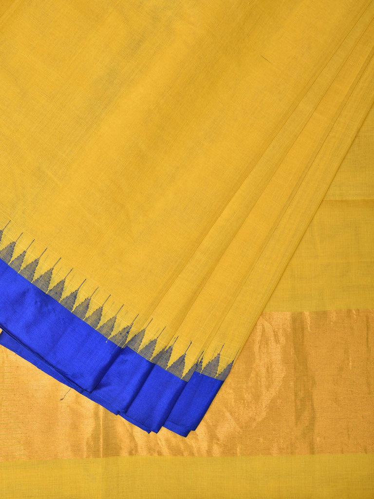 Yellow Khadi Cotton Handloom Plain Saree with Temple Border Design kh0610