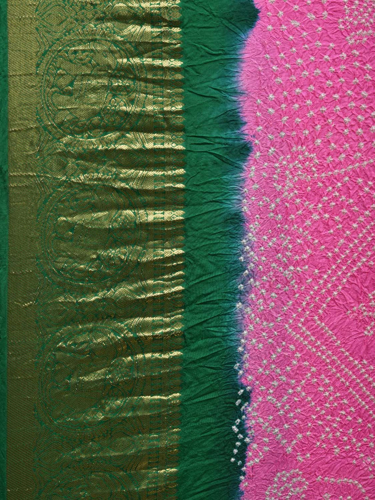 Baby Pink and Green Bandhani Kanchipuram Silk Handloom Saree with Border Design bn0331