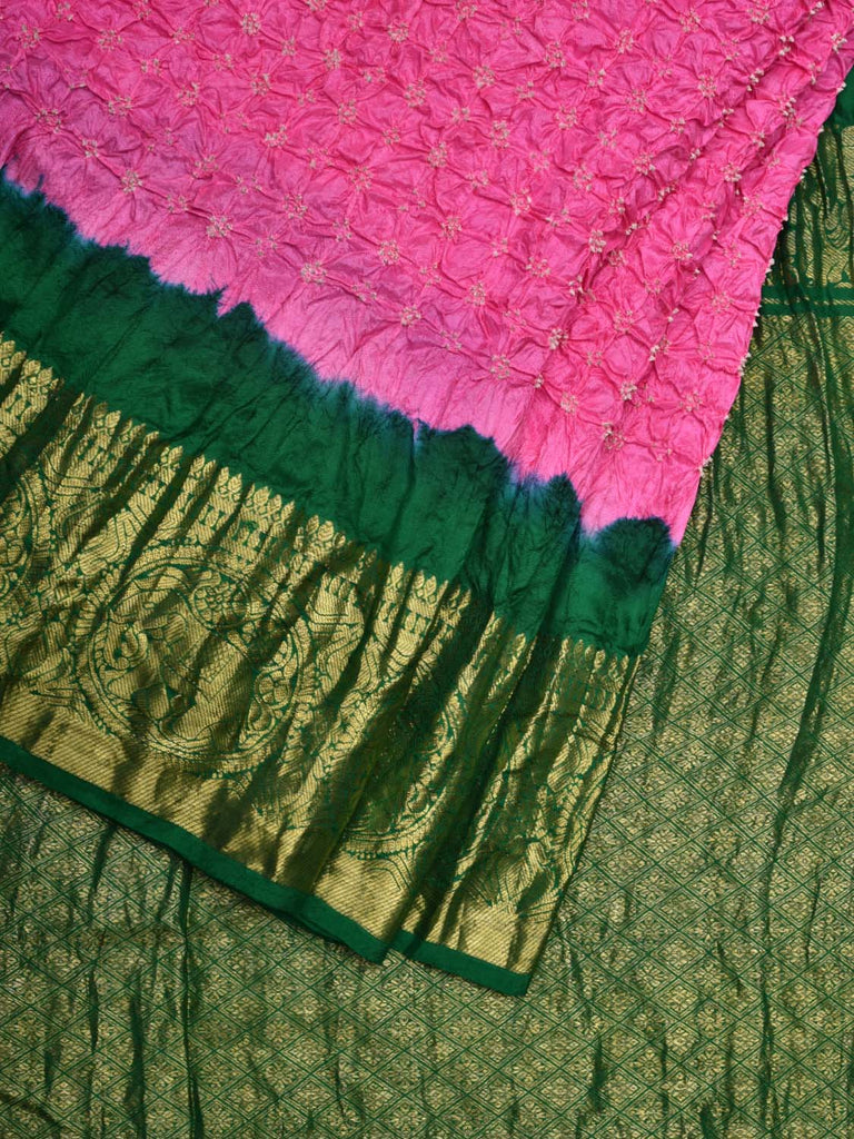 Baby Pink and Green Bandhani Kanchipuram Silk Handloom Saree with Border Design bn0331