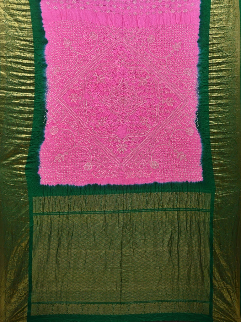 Baby Pink and Green Bandhani Kanchipuram Silk Handloom Saree with Border Design bn0331