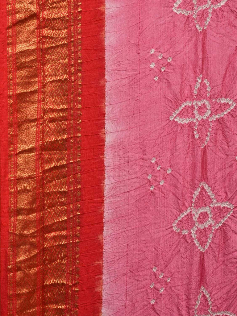 Baby Pink and Red Bandhani Gadwal Silk Handloom Saree with Mango Pallu Design bn0451
