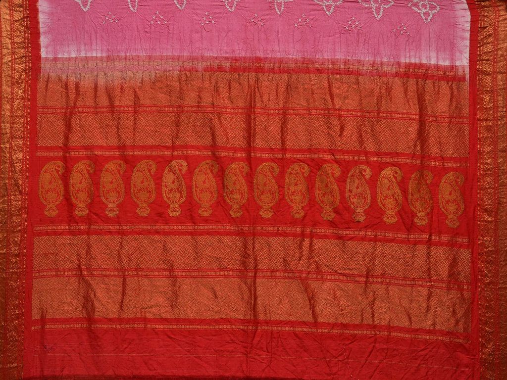 Baby Pink and Red Bandhani Gadwal Silk Handloom Saree with Mango Pallu Design bn0451