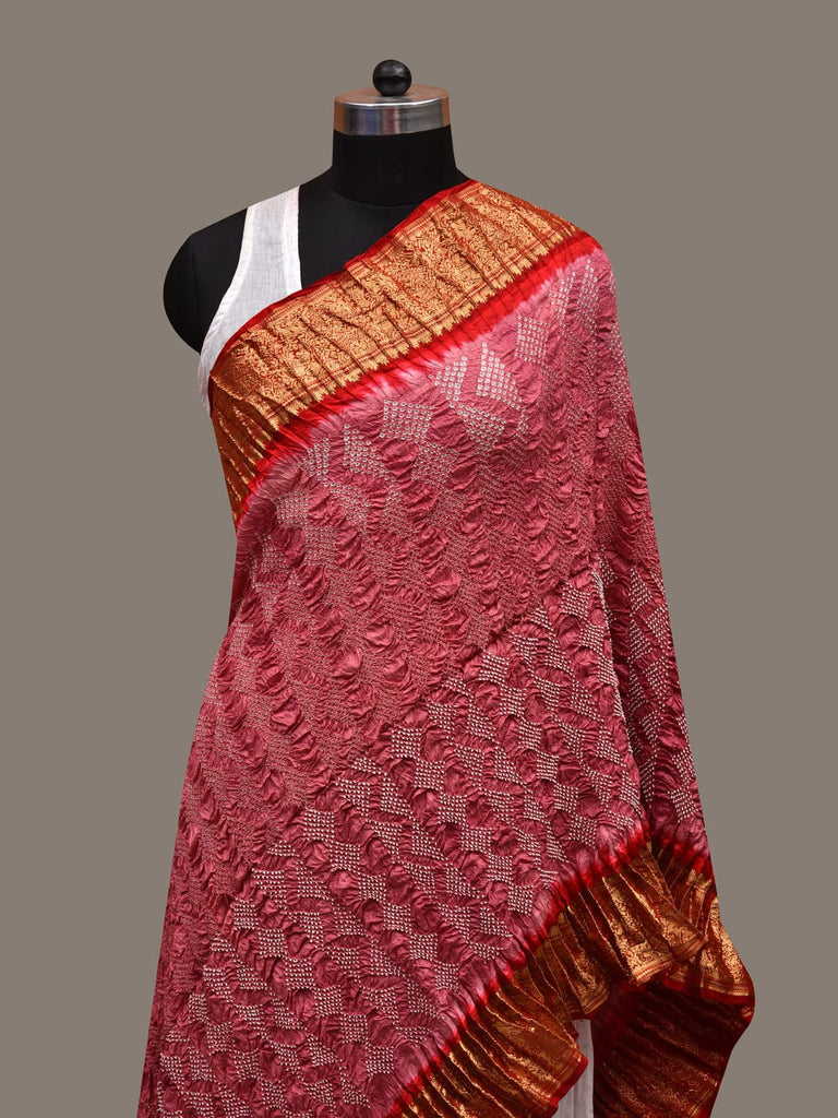 Baby Pink and Red Bandhani Kanchipuram Silk Handloom Dupatta with Border Design ds2693