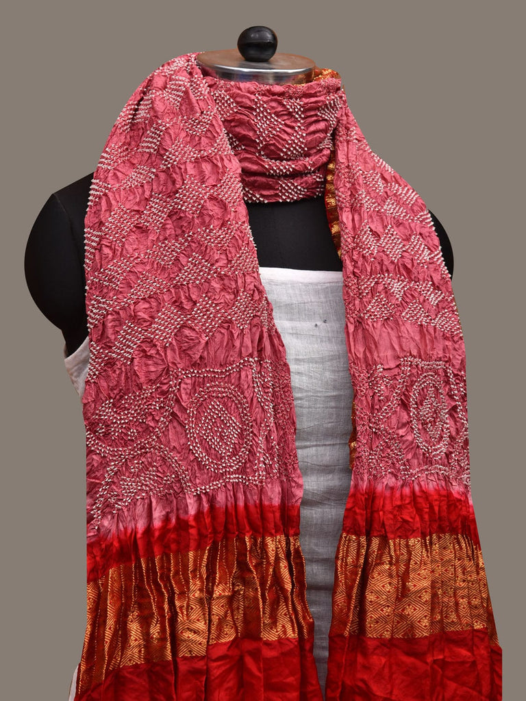 Baby Pink and Red Bandhani Kanchipuram Silk Handloom Dupatta with Border Design ds2693