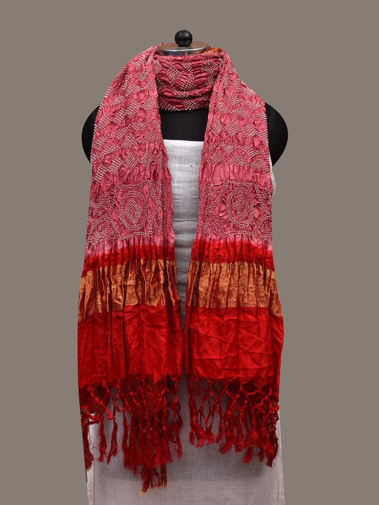 Baby Pink and Red Bandhani Kanchipuram Silk Handloom Dupatta with Border Design ds2693