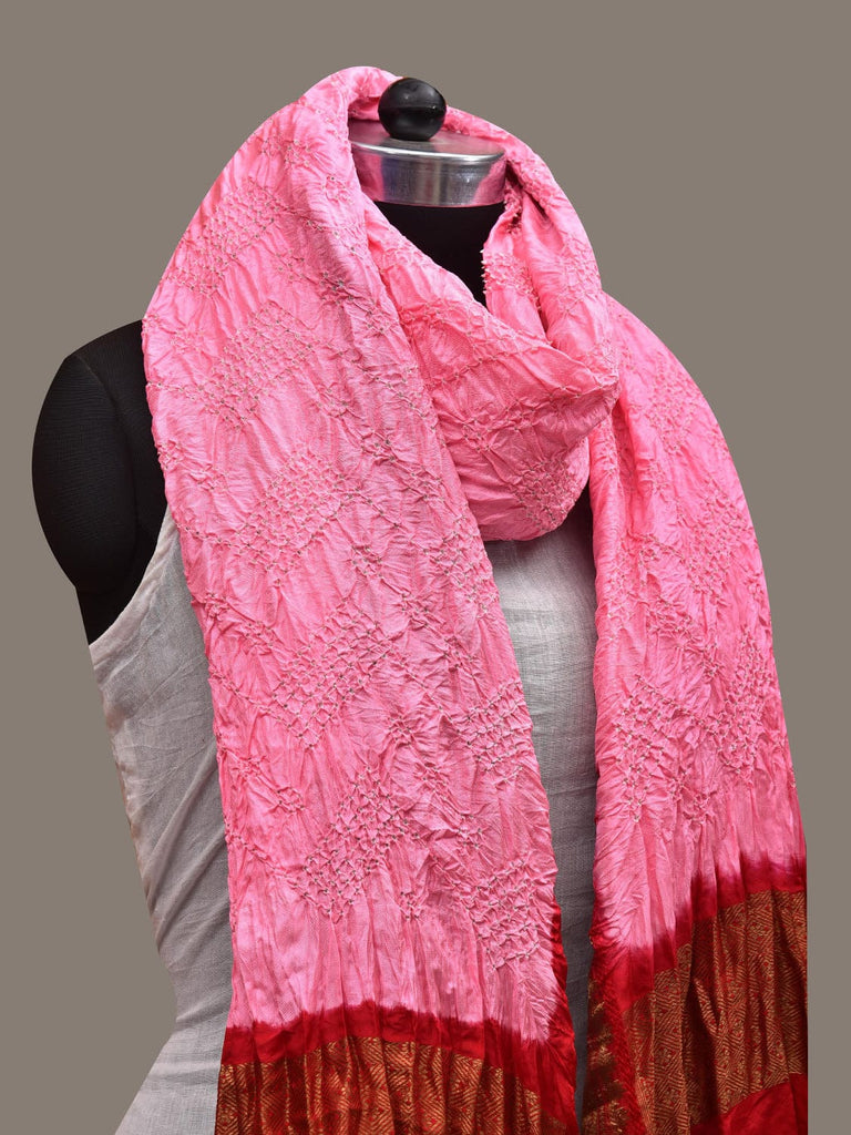 Baby Pink and Red Bandhani Kanchipuram Silk Handloom Dupatta with Border Design ds2831