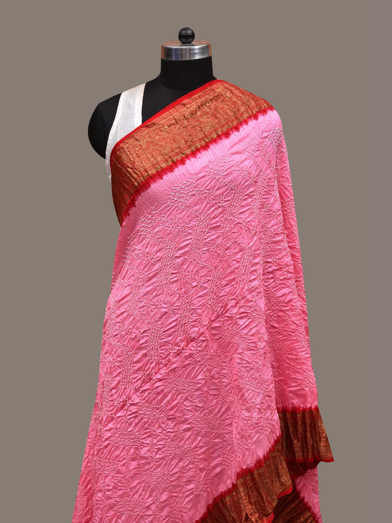 Baby Pink and Red Bandhani Kanchipuram Silk Handloom Dupatta with Border Design ds2831