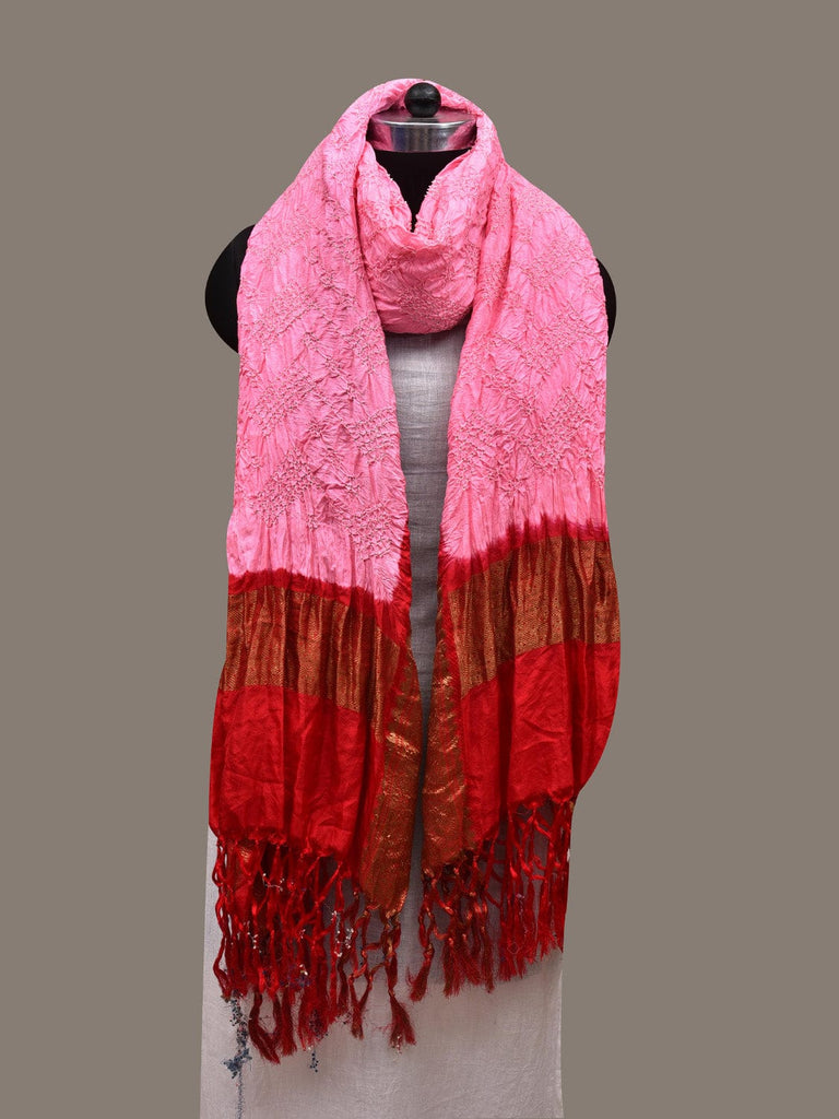 Baby Pink and Red Bandhani Kanchipuram Silk Handloom Dupatta with Border Design ds2831