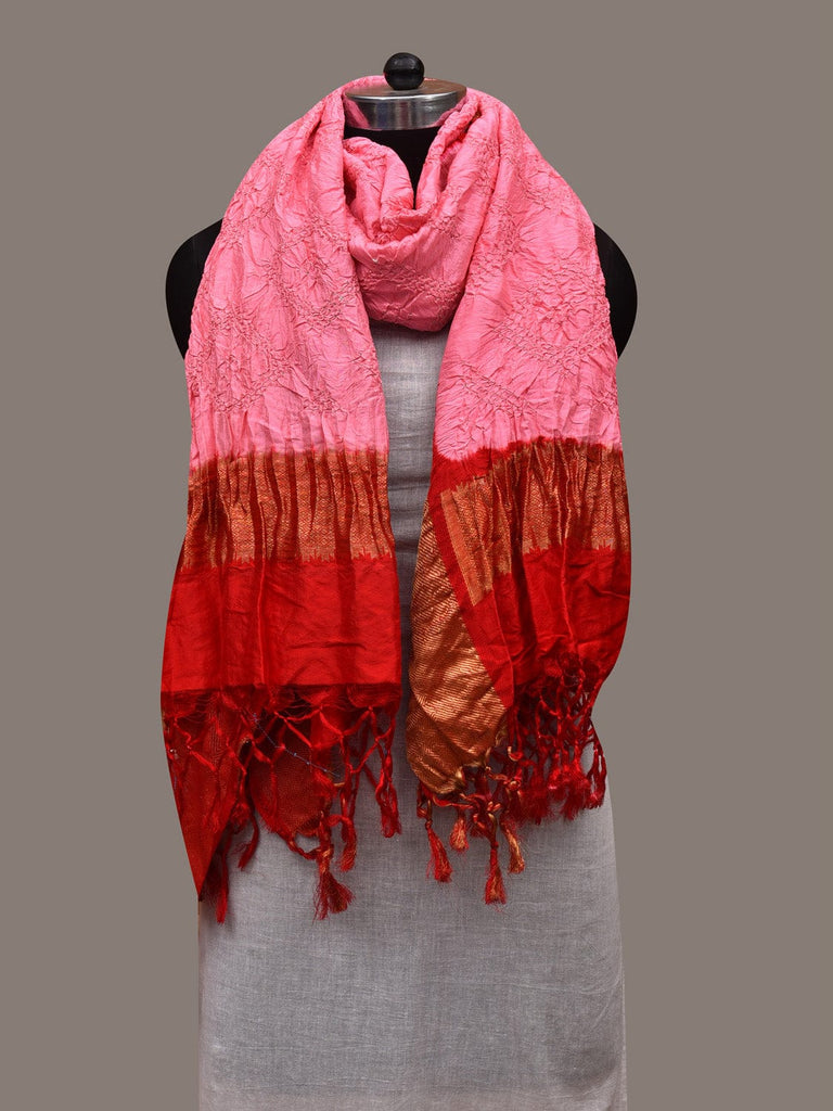 Baby Pink and Red Bandhani Kanchipuram Silk Handloom Dupatta with Border Design ds2913