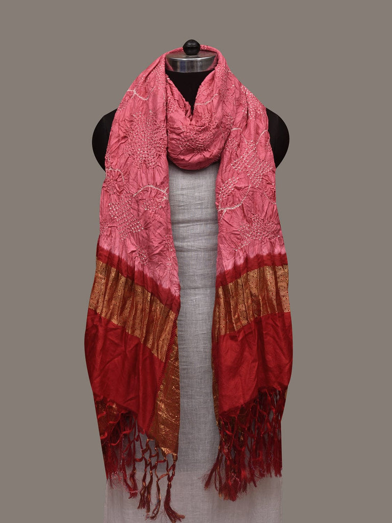 Baby Pink and Red Bandhani Kanchipuram Silk Handloom Dupatta with Floral Work Design ds2986
