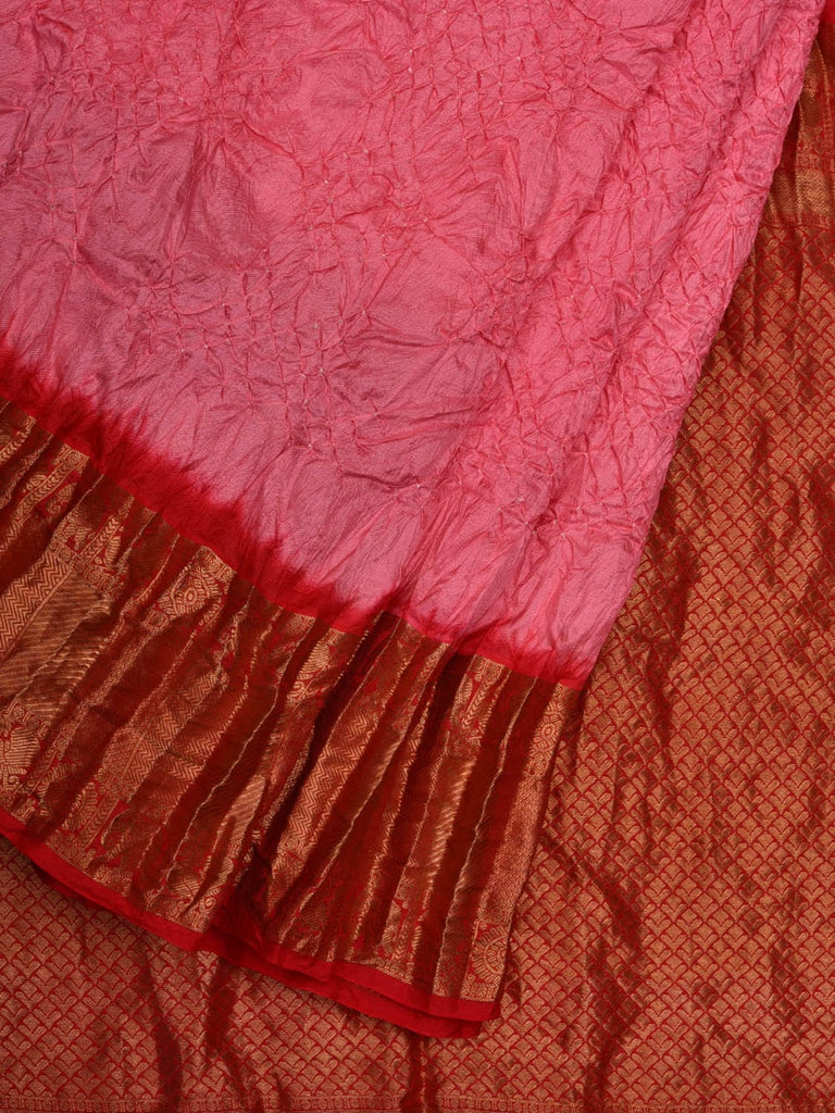 Baby Pink and Red Bandhani Kanchipuram Silk Handloom Saree with Border Design bn0378