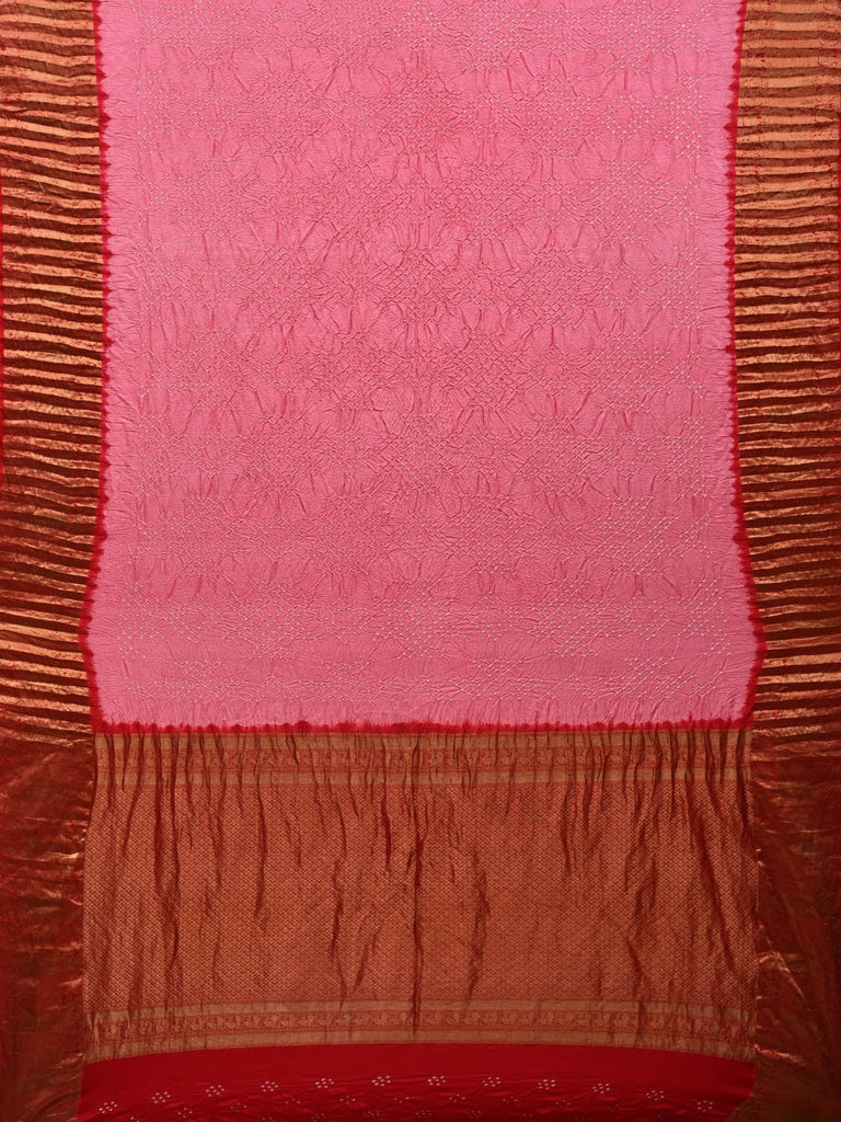 Baby Pink and Red Bandhani Kanchipuram Silk Handloom Saree with Border Design bn0378
