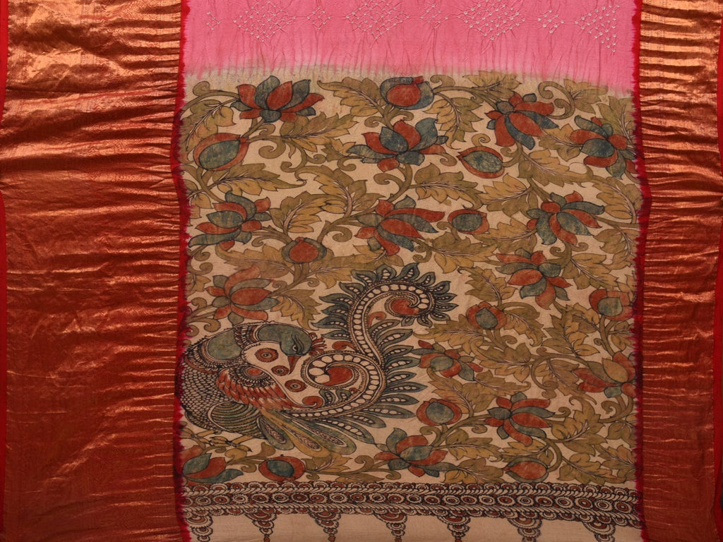 Baby Pink Bandhani Kanchipuram Silk Handloom Saree with Kalamkari Pallu and Blouse Design bn0393