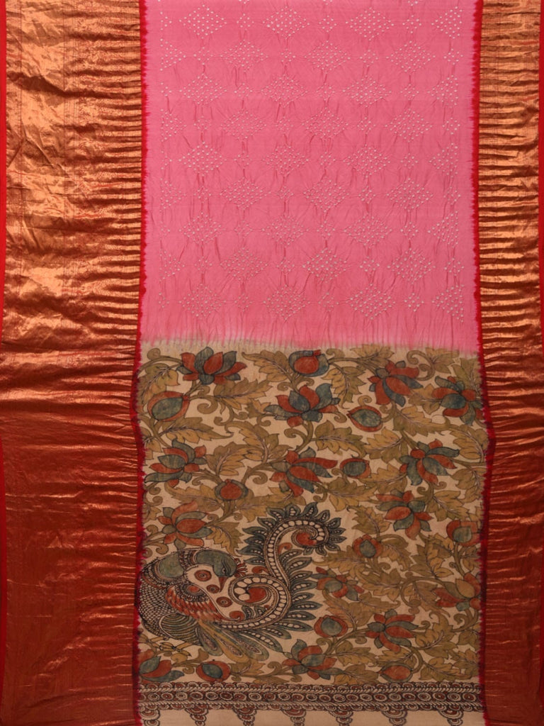 Baby Pink Bandhani Kanchipuram Silk Handloom Saree with Kalamkari Pallu and Blouse Design bn0393