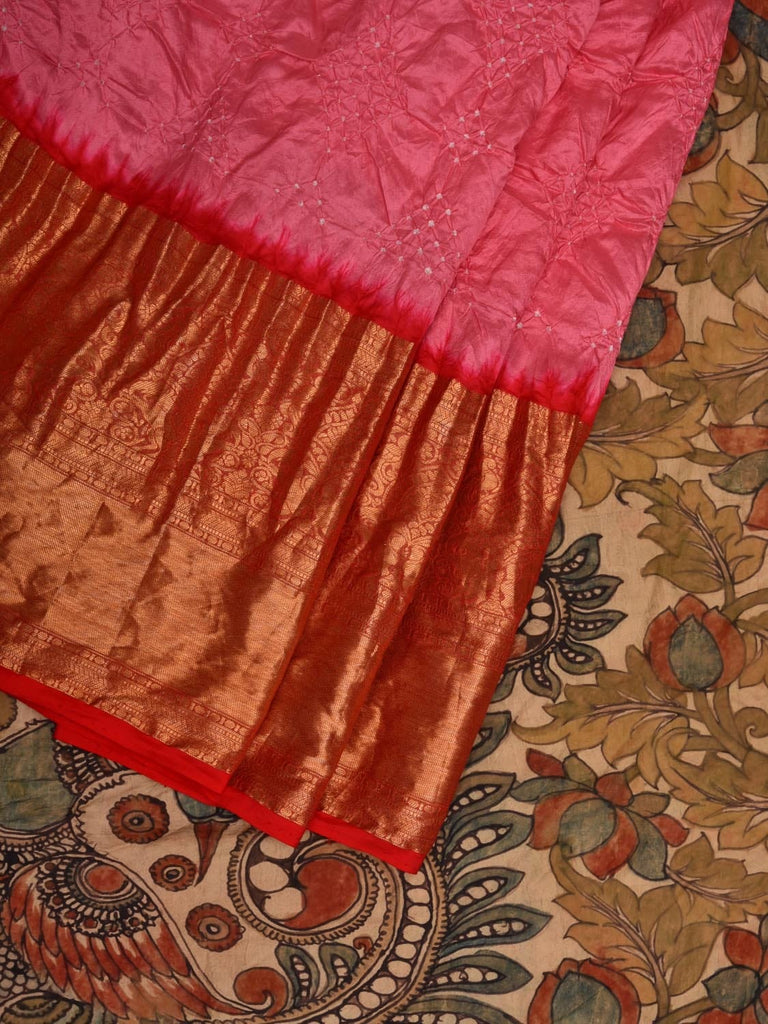 Baby Pink Bandhani Kanchipuram Silk Handloom Saree with Kalamkari Pallu and Blouse Design bn0393