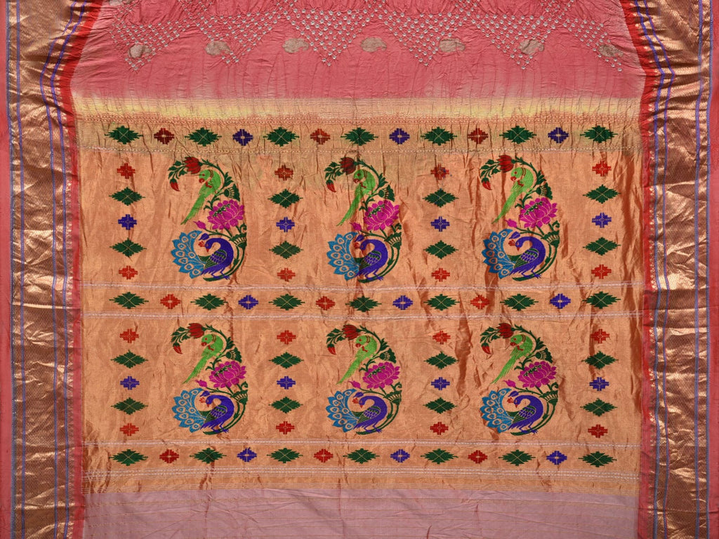 Baby Pink Bandhani Paithani Silk Handloom Saree with Peacock-Parrot Pallu Design bn0383