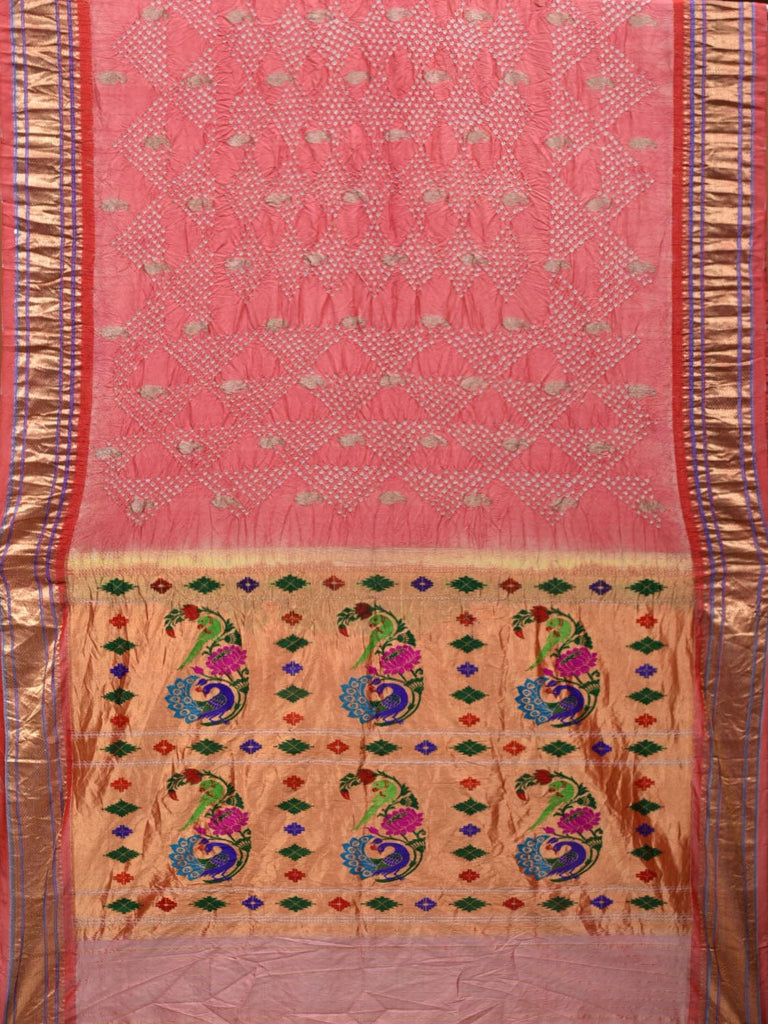 Baby Pink Bandhani Paithani Silk Handloom Saree with Peacock-Parrot Pallu Design bn0383