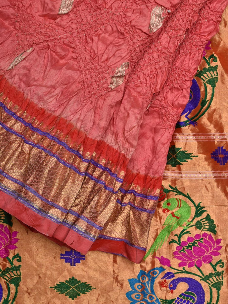 Baby Pink Bandhani Paithani Silk Handloom Saree with Peacock-Parrot Pallu Design bn0383