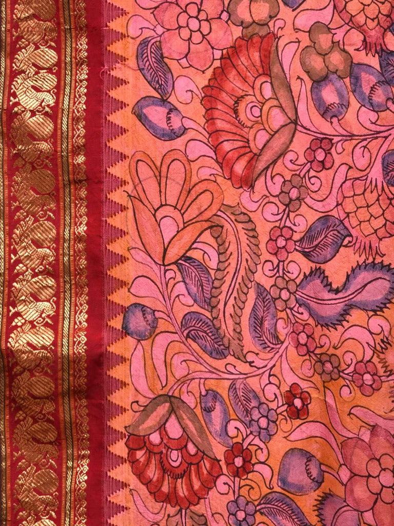 Baby Pink Kalamkari Hand Painted Gadwal Silk Handloom Saree with Floral Design KL0434