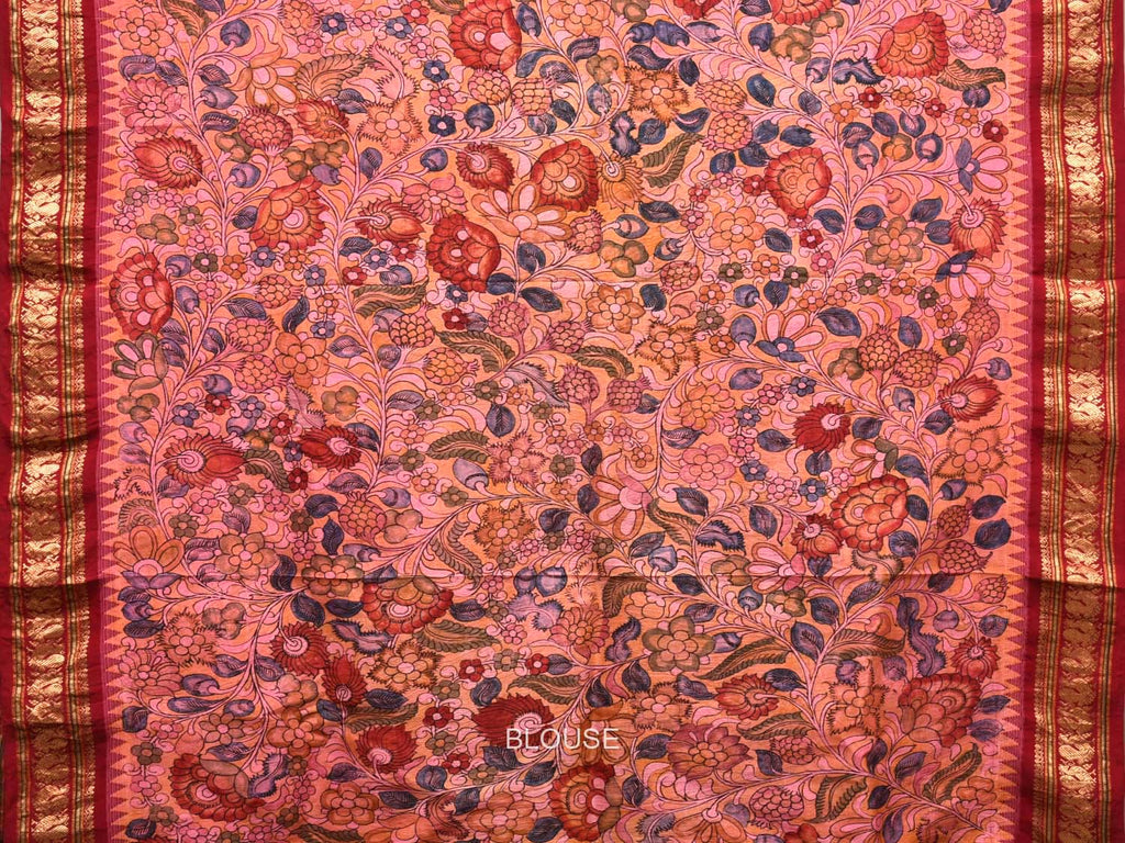 Baby Pink Kalamkari Hand Painted Gadwal Silk Handloom Saree with Floral Design KL0434