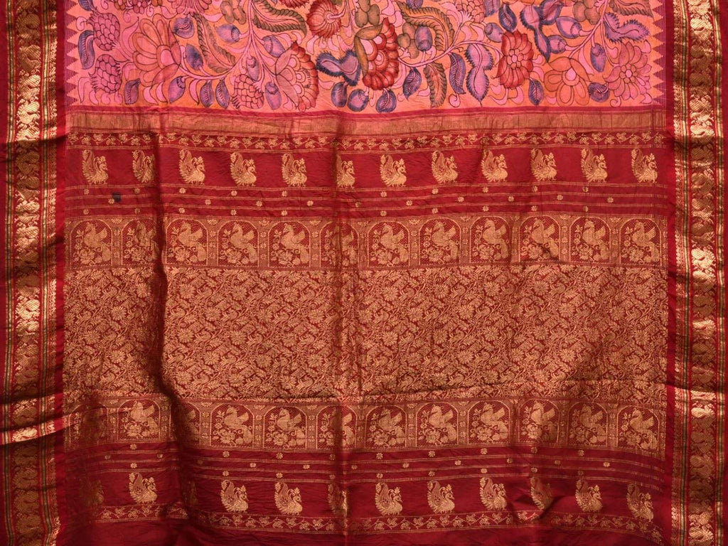 Baby Pink Kalamkari Hand Painted Gadwal Silk Handloom Saree with Floral Design KL0434