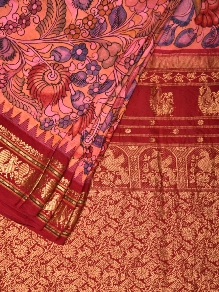 Baby Pink Kalamkari Hand Painted Gadwal Silk Handloom Saree with Floral Design KL0434