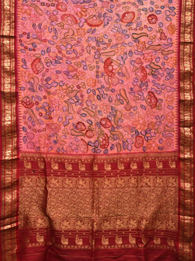 Baby Pink Kalamkari Hand Painted Gadwal Silk Handloom Saree with Floral Design KL0434