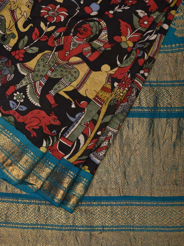 Black and Blue Kalamkari Hand Painted Gadwal Silk Handloom Saree with Village and Animals Design No Blouse KL0711