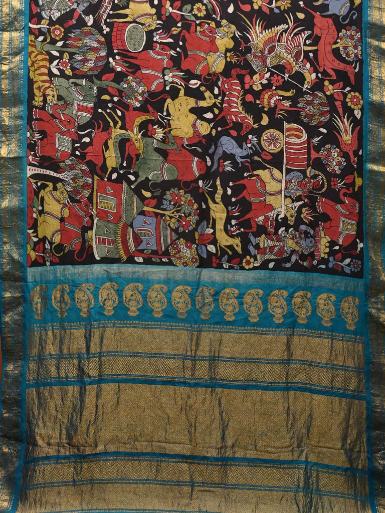 Black and Blue Kalamkari Hand Painted Gadwal Silk Handloom Saree with Village and Animals Design No Blouse KL0711