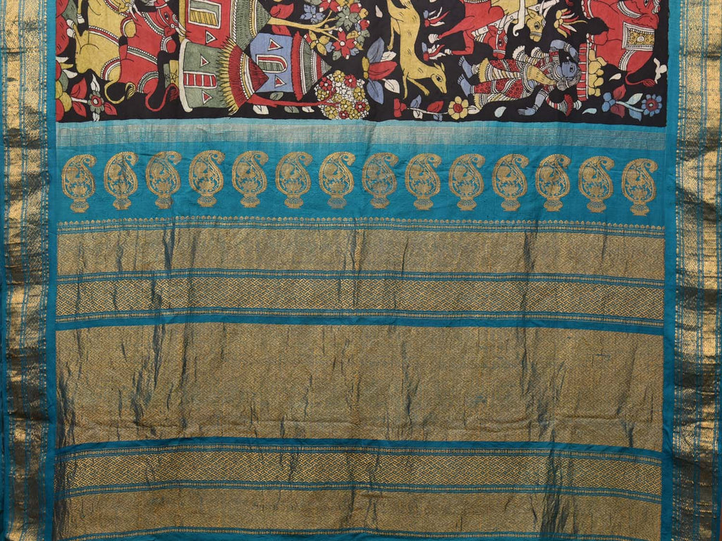 Black and Blue Kalamkari Hand Painted Gadwal Silk Handloom Saree with Village and Animals Design No Blouse KL0711