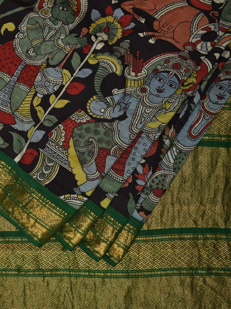 Black and Green Kalamkari Hand Painted Gadwal Silk Handloom Saree with Krishna Leele Design No Blouse KL0717
