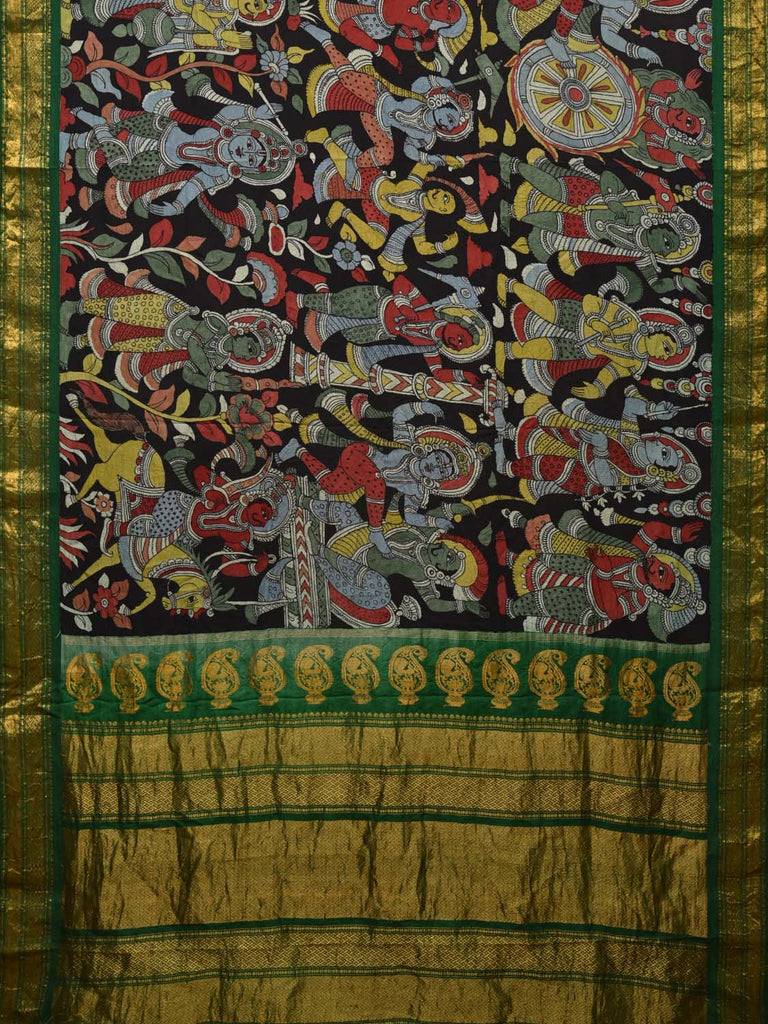 Black and Green Kalamkari Hand Painted Gadwal Silk Handloom Saree with Krishna Leele Design No Blouse KL0717