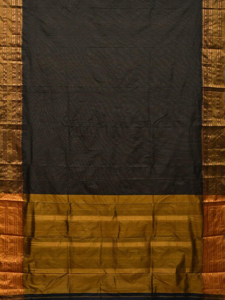 Black and Mustard Narayanpet Silk Handloom Saree with Checks Design No Blouse np0436