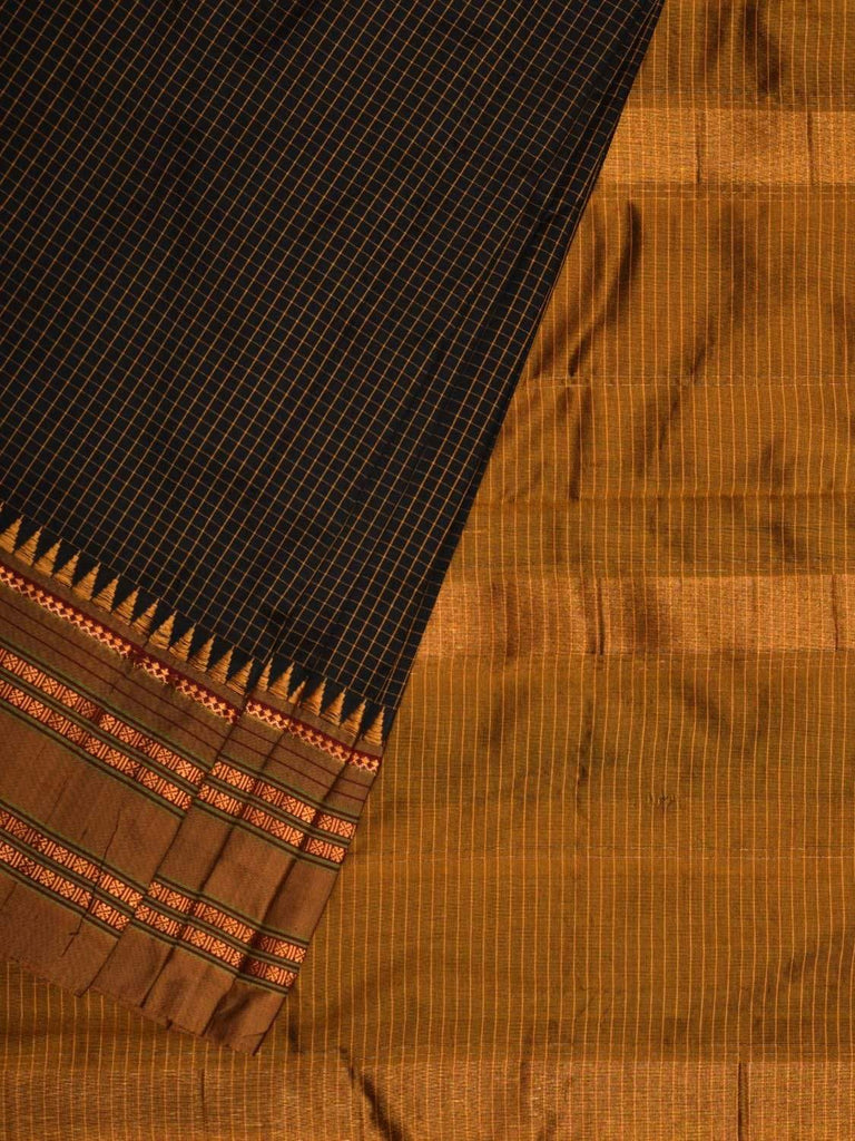 Black and Mustard Narayanpet Silk Handloom Saree with Checks Design No Blouse np0436