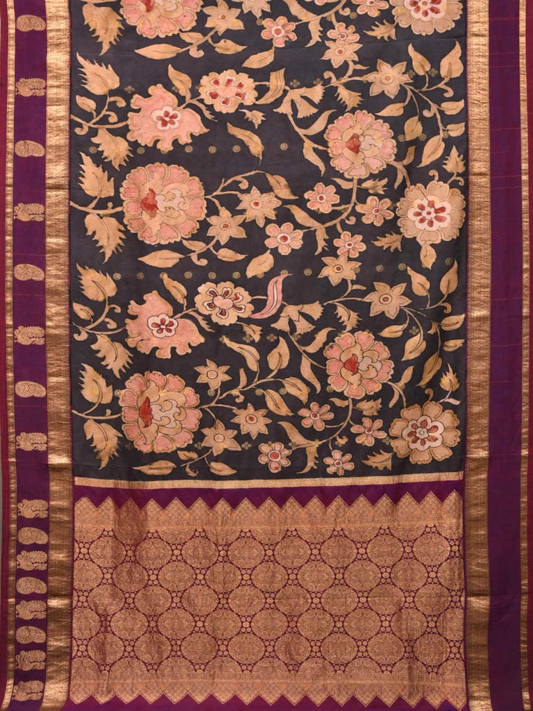 Black and Purple Kalamkari Hand Painted Gadwal Silk Handloom Saree with Big Floral Design KL0421