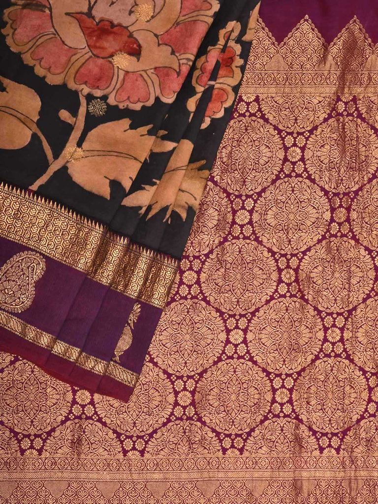 Black and Purple Kalamkari Hand Painted Gadwal Silk Handloom Saree with Big Floral Design KL0421