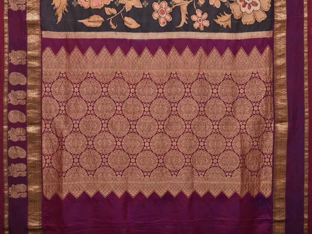 Black and Purple Kalamkari Hand Painted Gadwal Silk Handloom Saree with Big Floral Design KL0421