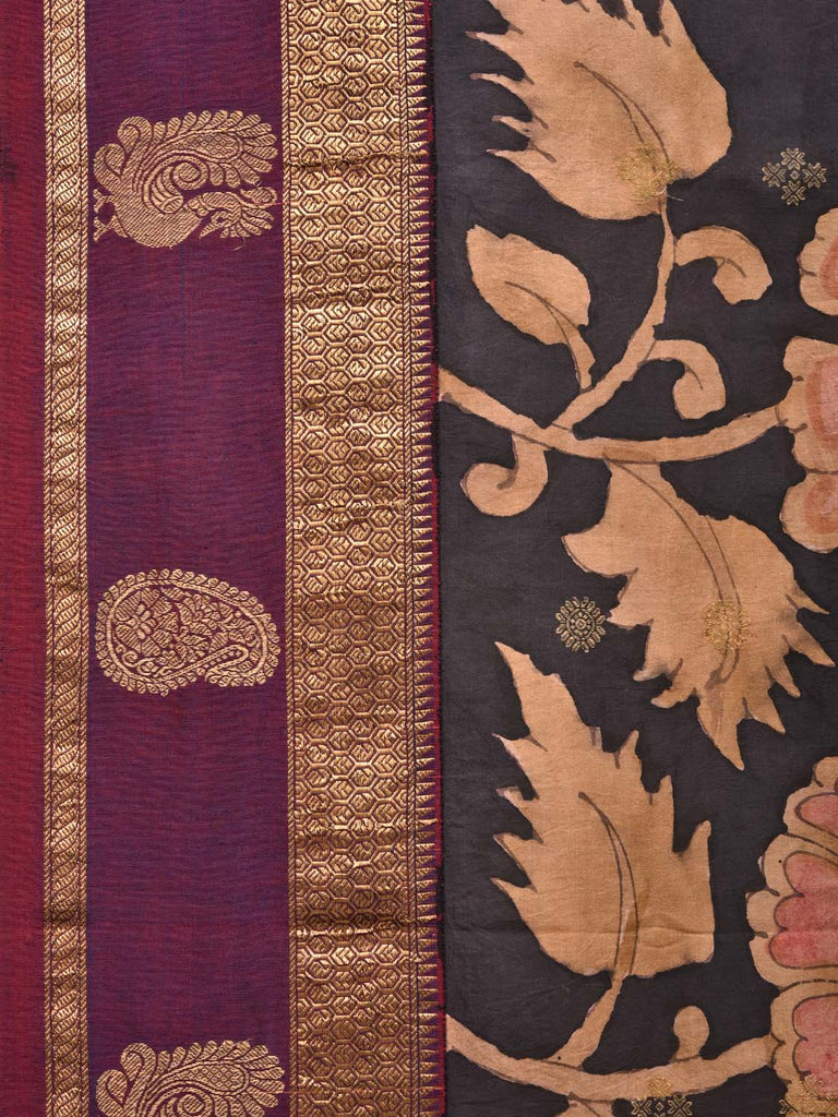 Black and Purple Kalamkari Hand Painted Gadwal Silk Handloom Saree with Big Floral Design KL0421