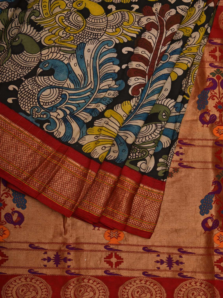 Black and Red Kalamkari Hand Painted Paithani Silk Handloom Saree with Lotus and Peacock Design KL0700