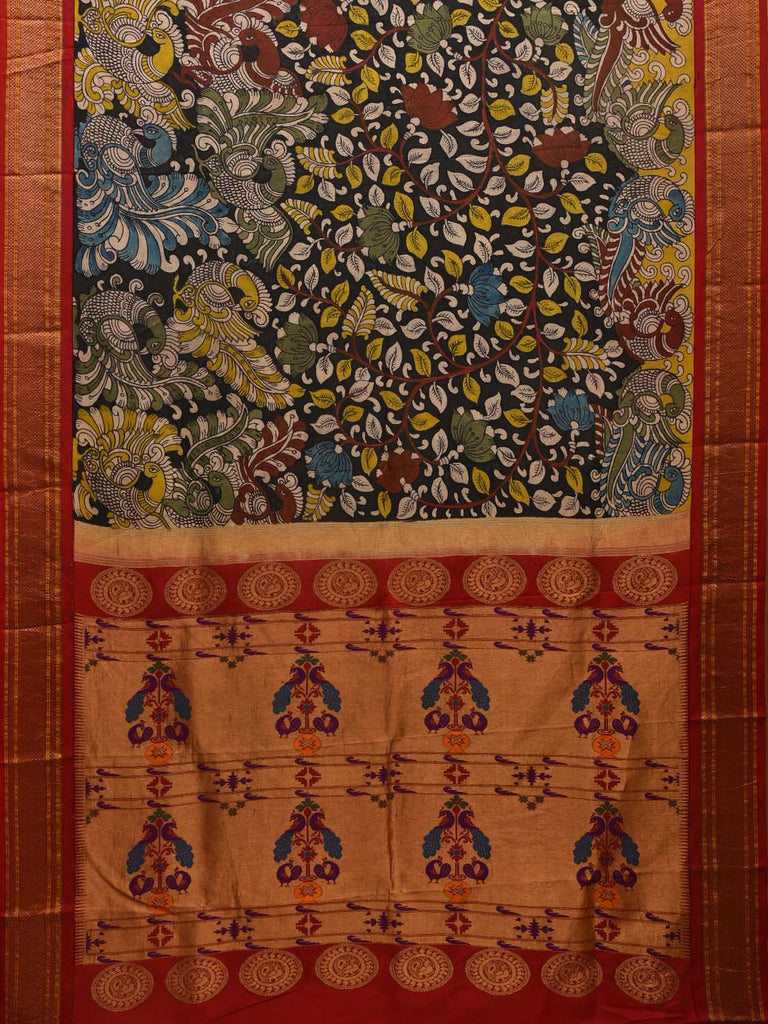 Black and Red Kalamkari Hand Painted Paithani Silk Handloom Saree with Lotus and Peacock Design KL0700