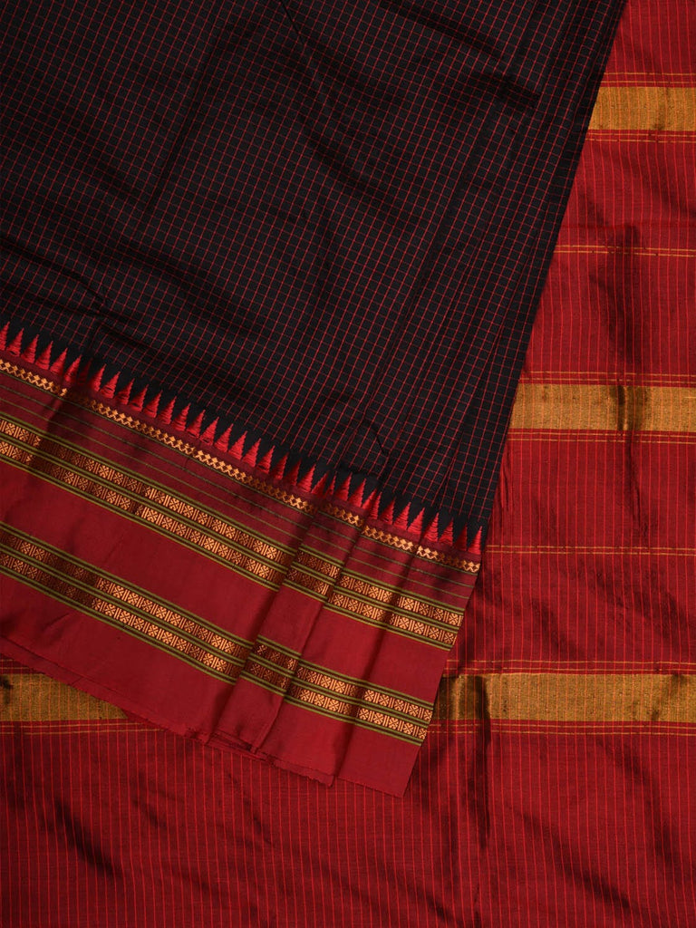 Black and Red Narayanpet Silk Handloom Saree with Checks and Traditional Border Design No Blouse np0550
