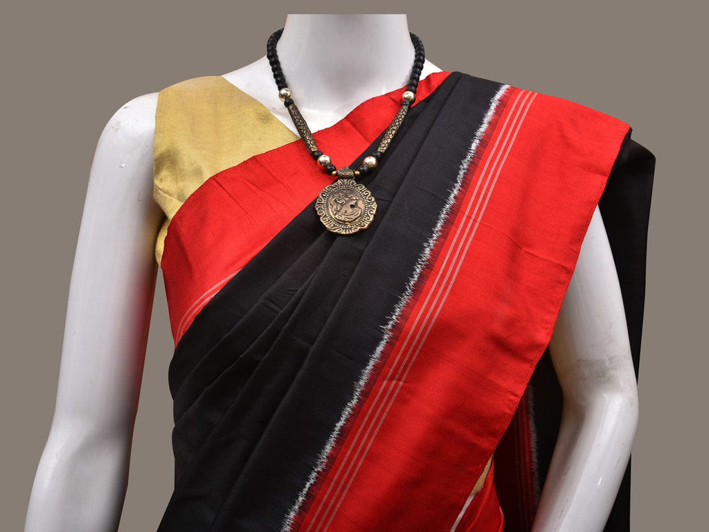 Black and Red Pochampally Double Ikat Silk Handloom Saree with Half Plain and Half Telia Design i0701